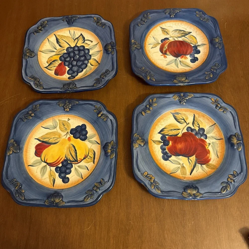 4 Certified International Pamela Gladding Tuscan Fruit Square Blue Dinner Plates